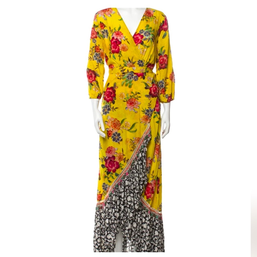 FARM RIO Sunlit Wrap Maxi Dress Mixed Print Yellow Floral Multicolor Small